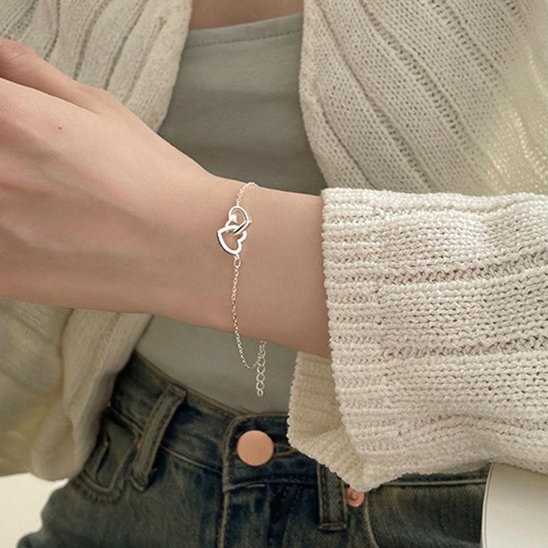 Elegant Double Hollow Heart Pendent Thin Bracelets For Women Girls Simple Vintage Bangles Jewelry Accessories Gifts
