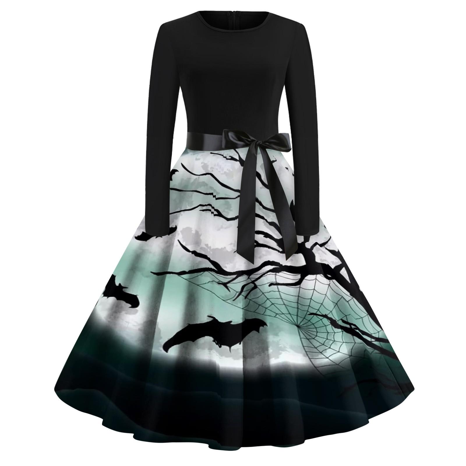 

Платье с расклешенным принтом на Хэллоуин для женщин, платье с длинным рукавом, полые вечерние повседневные платья S циан
