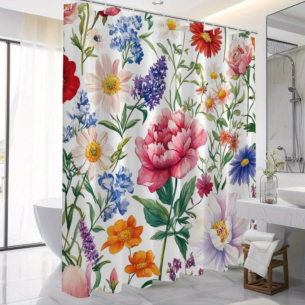 Yuzhiyu Floral Shower Curtain - Water-Resistant Polyester, Fashion Print, 71X71", Machine Washable, 12 Hooks