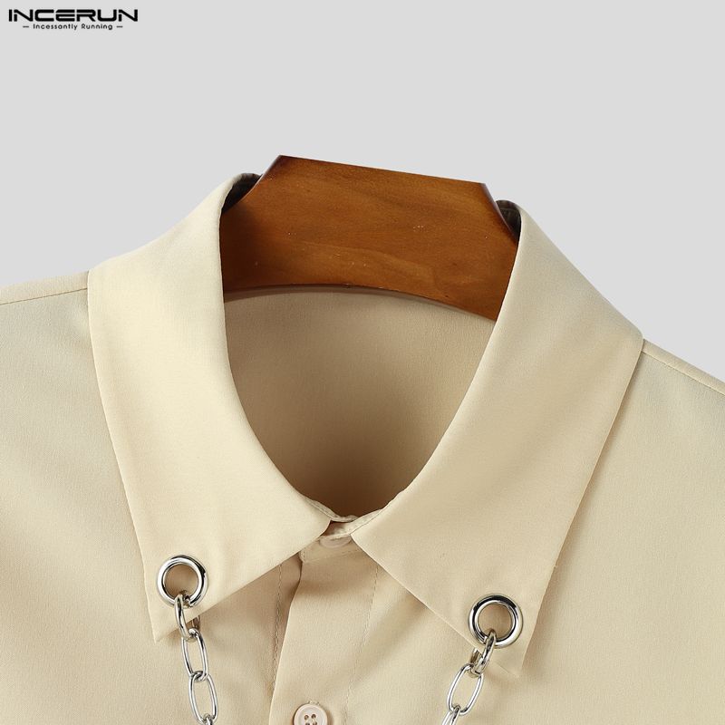 INCERUN Spring Men Tie Lapel Neck Long Sleeve Casual Loose Oversized Shirts Tops