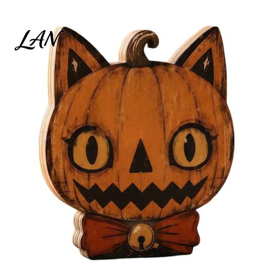 Decorative Wood Painting Art Halloween Wooden Ornaments, Distressed Pumpkin/Cat Decorations, Desktop & Wall Durable Tabletop Decors for Autumn Harvest