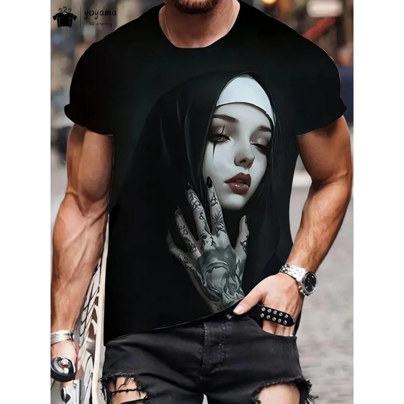 Pánské tričko s 3D grafikou Smoking Nun Černé Ležérní Letní Tričko Krátký Rukáv Polyester Streetwear Trička Vintage Oblečení