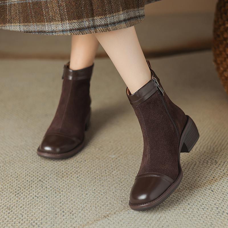 Krazing Pot Cow Skin Cow Suede Winter Square Toe Thick Heels Chelsea Fashion Boots Women Zipper Patch Work Women Ankle Boots