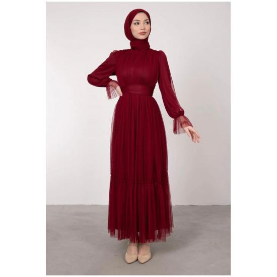 Rochie de seara de dama, lungime intreaga, cu curea, cu volane, din tul, hijab