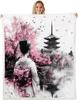 GUOYU Blanket Kids Japanese Geishas Fleece Throw Blanket Queen Boys Girls Cherry Blossoms Plush Blanket Japanese Style Sherpa Blanket Japanese