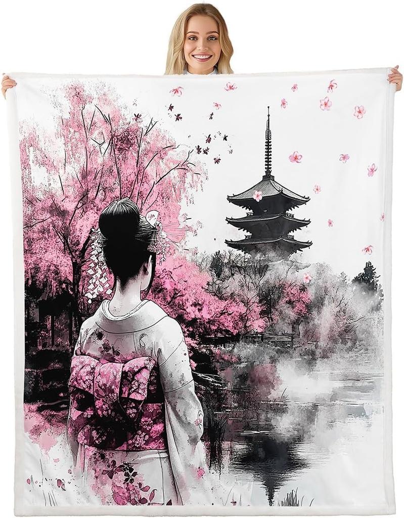 GUOYU Blanket Kids Japanese Geishas Fleece Throw Blanket Queen Boys Girls Cherry Blossoms Plush Blanket Japanese Style Sherpa Blanket Japanese