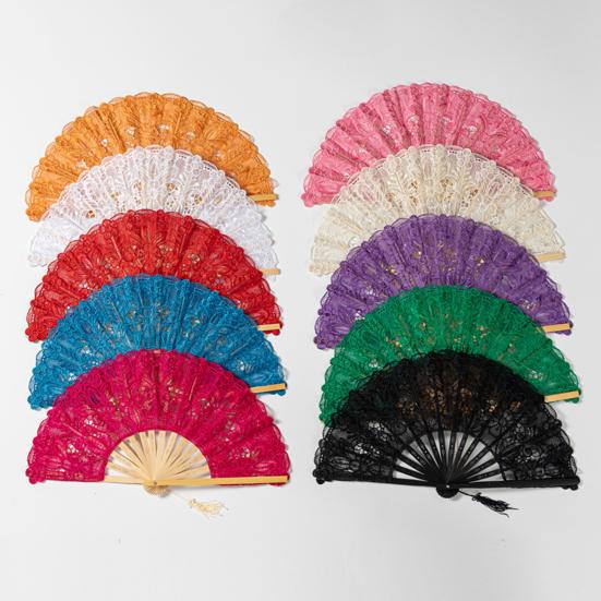 Lace Folding Fan with Tassel Hollow Ribs Vintage European Dance Performance Party Photo Props Portable Summer Hand Held Fan Women Girls Gift