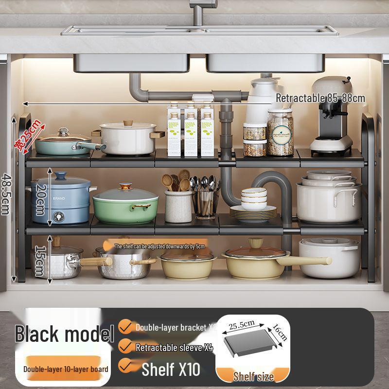 Retractable Under Sink Kitchen Organizer and Multifunctional Dish & Pot Rack