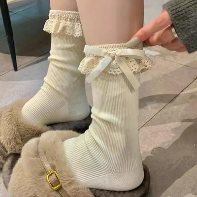 5 Pairs of Girls Spring Lovely Bow Lace Lace In The Tube Pile Socks
