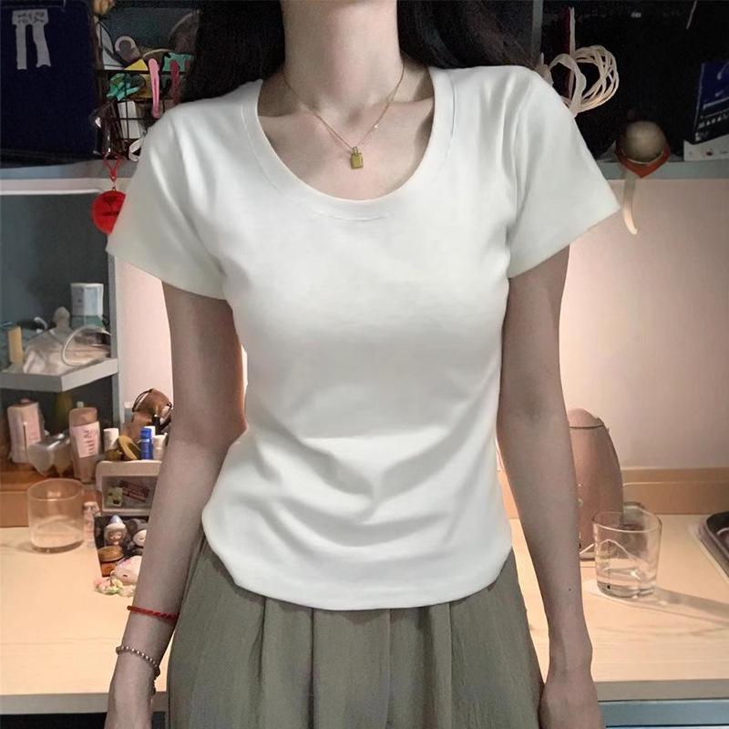 

Женская футболка с U-образным вырезом в американском стиле, приталенная, с коротким рукавом - Летний базовый топ L Premium белый