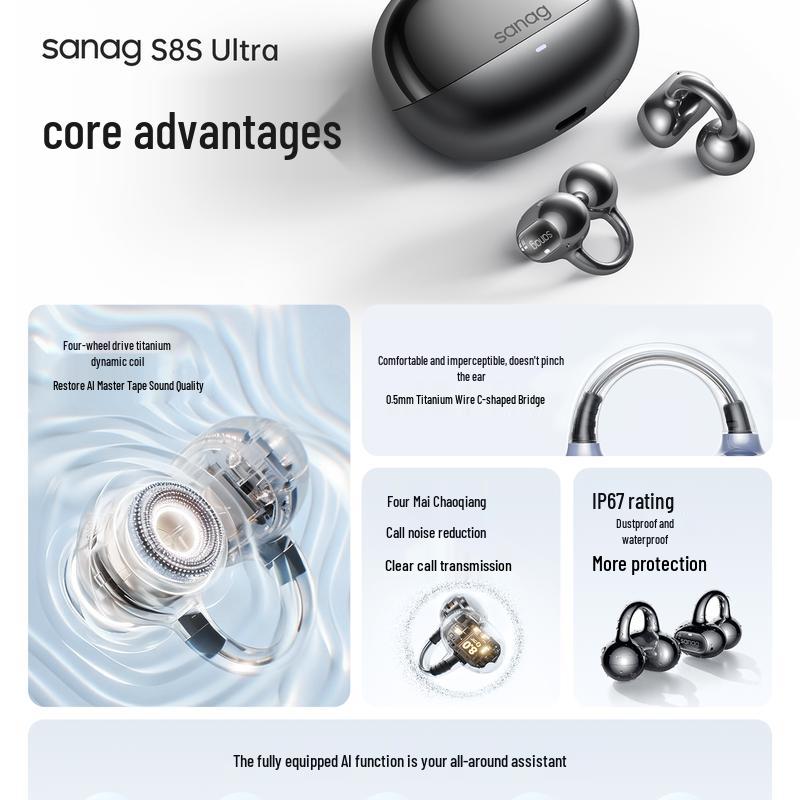 SANAG S8S Ultra Ear-Clip Open-Ear Wireless Headphones with AI Translator