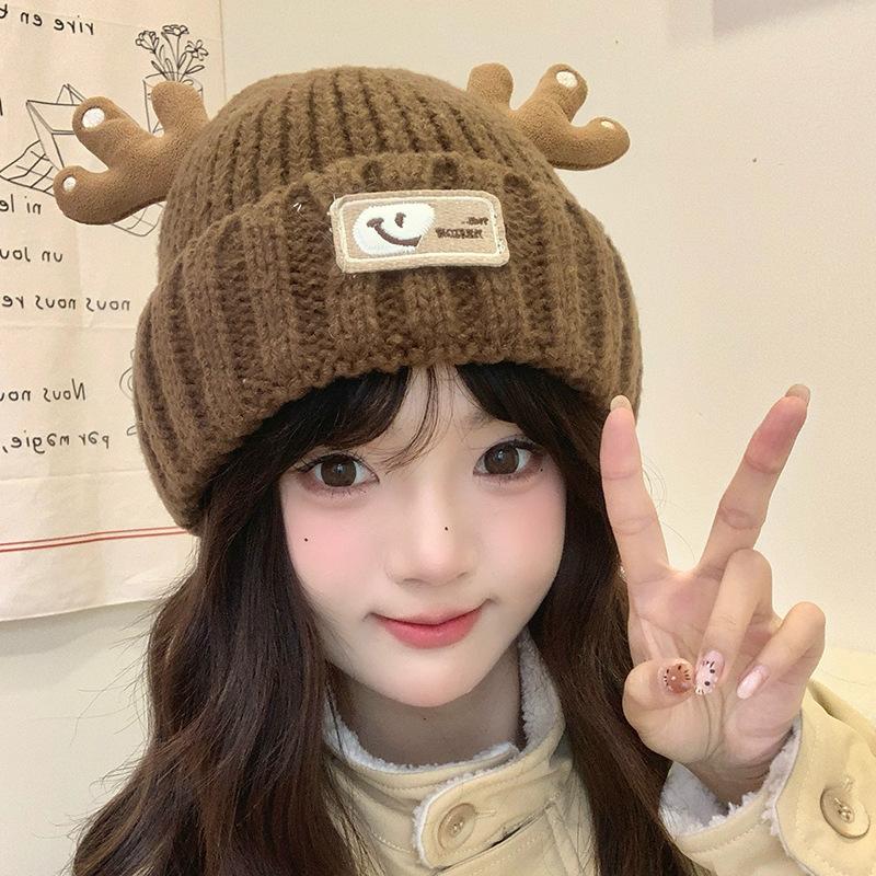 Women's Winter Knitted Hat with Cute Cartoon Christmas Reindeer Antlers, Ear Protection, Fleece Lining, Thickened for Cold Protection
