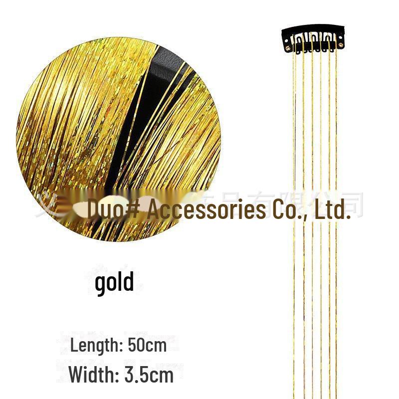 Set de extensii de păr cu beteală Laser Silk, format din 6 bucăți: Șuvițe aurii și argintii, fără cusur, colorate, cu sclipici