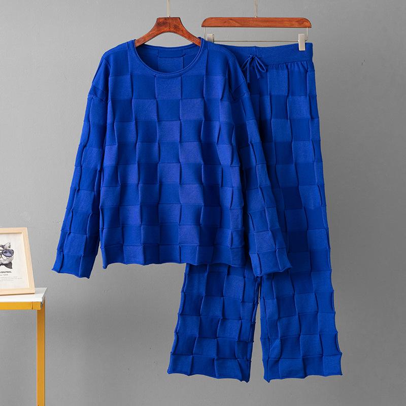 Wool Suit Autumn Checkered Crew Neck Top + Casual Sports Wide-leg Pants Two-piece Set for Women