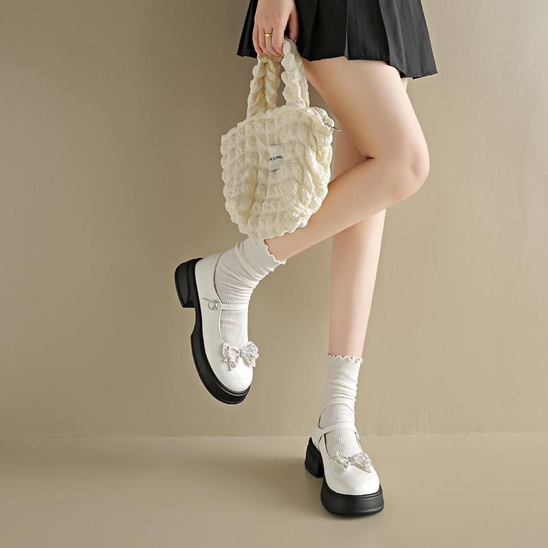 French Bow Round Head Thick Sole Color Matching Small Leather Shoes Women's 2025 Autumn New Pearl One-word Buckle Mary Jane Shoes