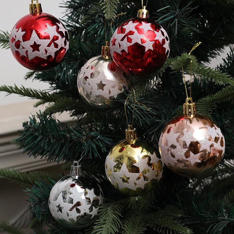 6Pcs 6cm Star Pattern Round Ball Christmas Tree Decor Electroplating Plastic Ball Xmas Hanging Ornament
