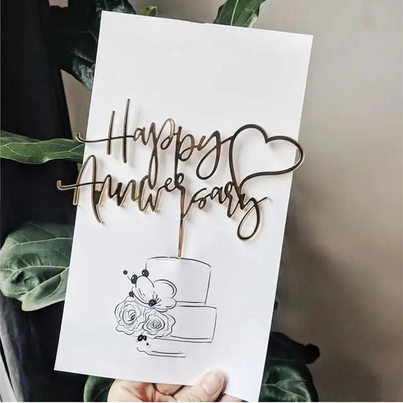 10 Pcs Happy Anniversary Cake Toppers Color Flowers Acrylic Cake Topper Flags Wedding Valentine's Party Cake Dessert Decorations