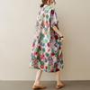 Summer Flower Printed Cotton and Linen Dress Plus Size Women's Short-sleeved Round Neck Mid-length Floral Skirt
