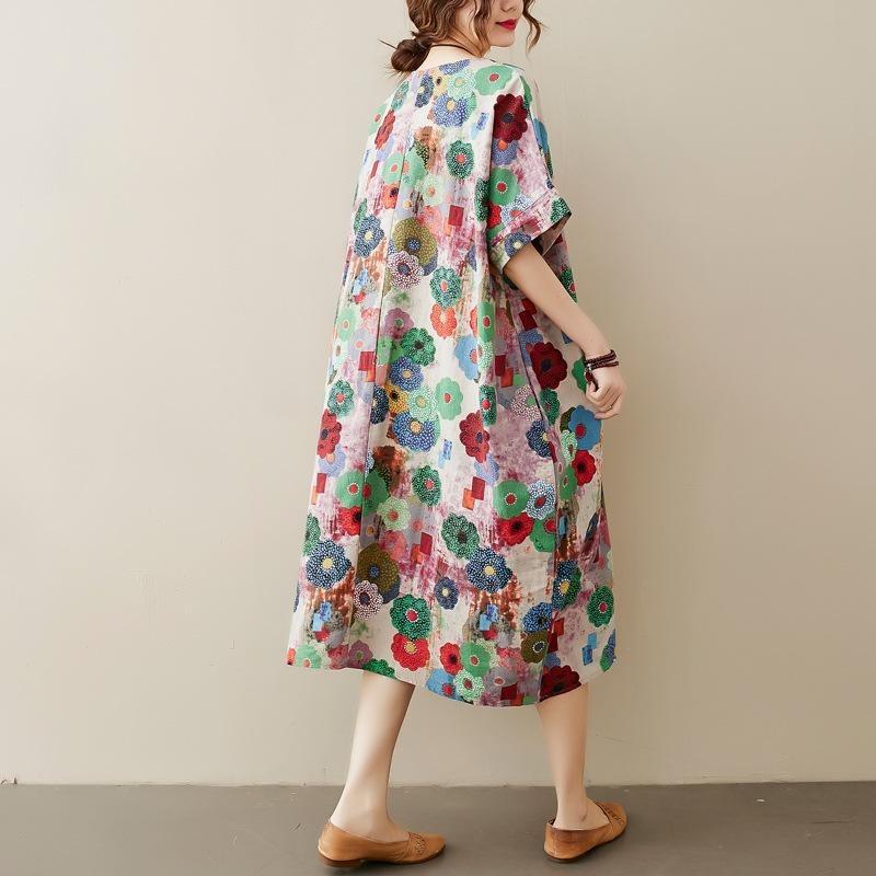 Summer Flower Printed Cotton and Linen Dress Plus Size Women's Short-sleeved Round Neck Mid-length Floral Skirt