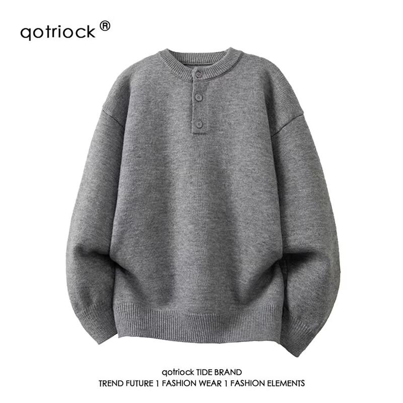 QOTRIOCK Unisex Retro Henley Knit Sweater XL