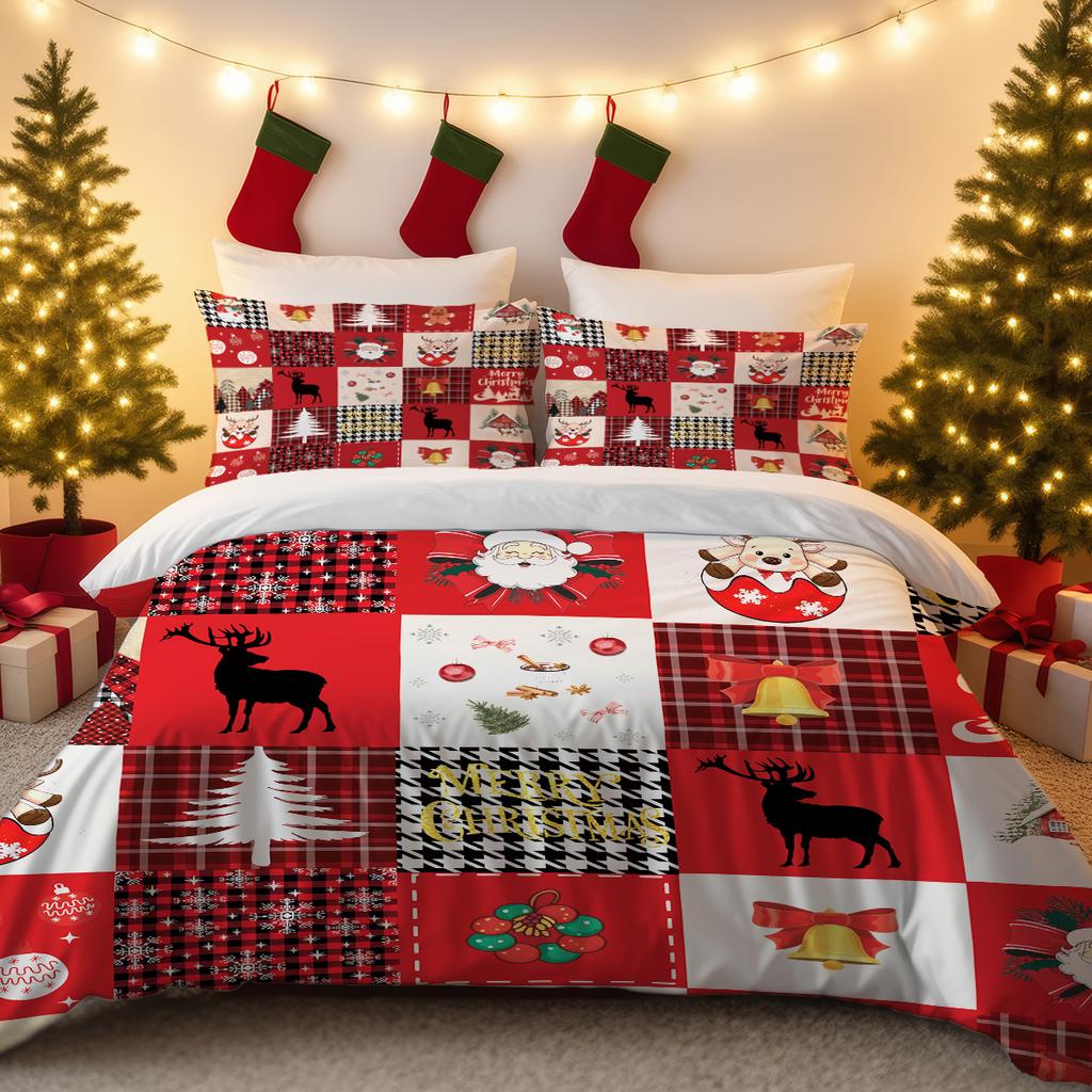 3pcs Checkered Christmas Print Coreless Bedding Set Dormitories Bedrooms Soft and Comfortable Multiple Sizes Machine Washable