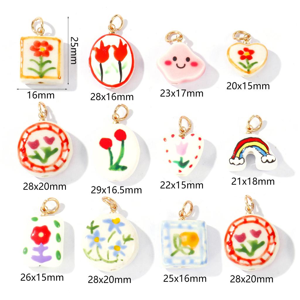 2 Pcs Ceramic Charms Multicolor Flower Rainbow Hand Drawing Double Sided Brass 18K Gold Plated Pendants For DIY Necklace Making