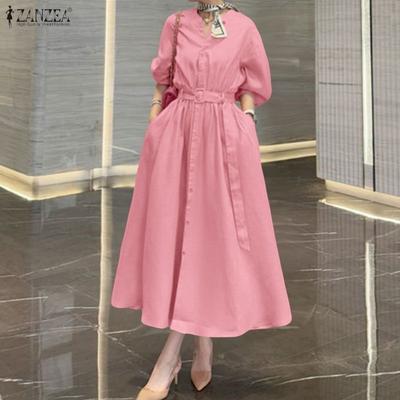 Women Casual V-Neck Solid Color Loose 3/4 Sleeve Long Dress