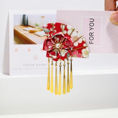 Cute Elegant Kimono Hair Clip Metal Tassel Traditional Fan Shape Hairpin Sakura Flower Cloth Faux Pearl Decor Hair Clip Girls