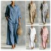 Women's Casual Linen Button Down Long Sleeve Shirt and Wide Leg Pants Set Multi Colors