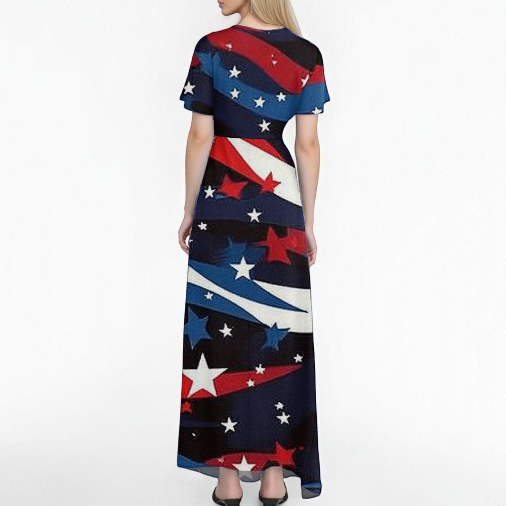 Women's Casual Fashion Print Long Dresses V-Neck Short Sleeve Dresses