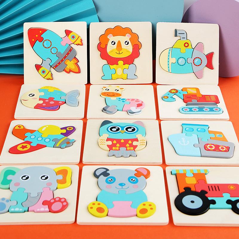 3D Wooden Animal & Vehicle Puzzle Blocks - Educational Hand-Grasp Board for Kids