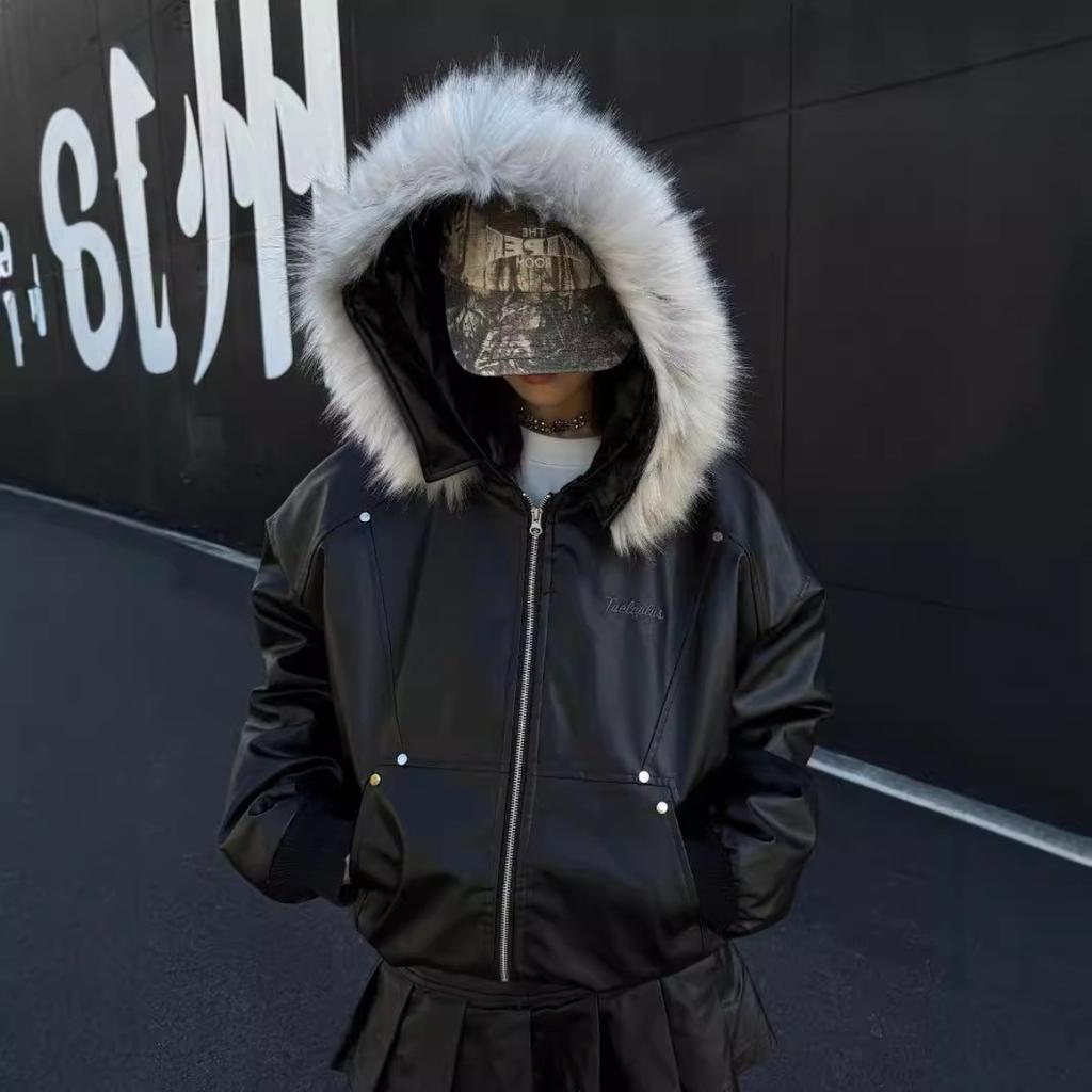 ZYLLO Y2K European American winter thickened coat leather lining hooded fur collar cotton coat youth trend classic black cool