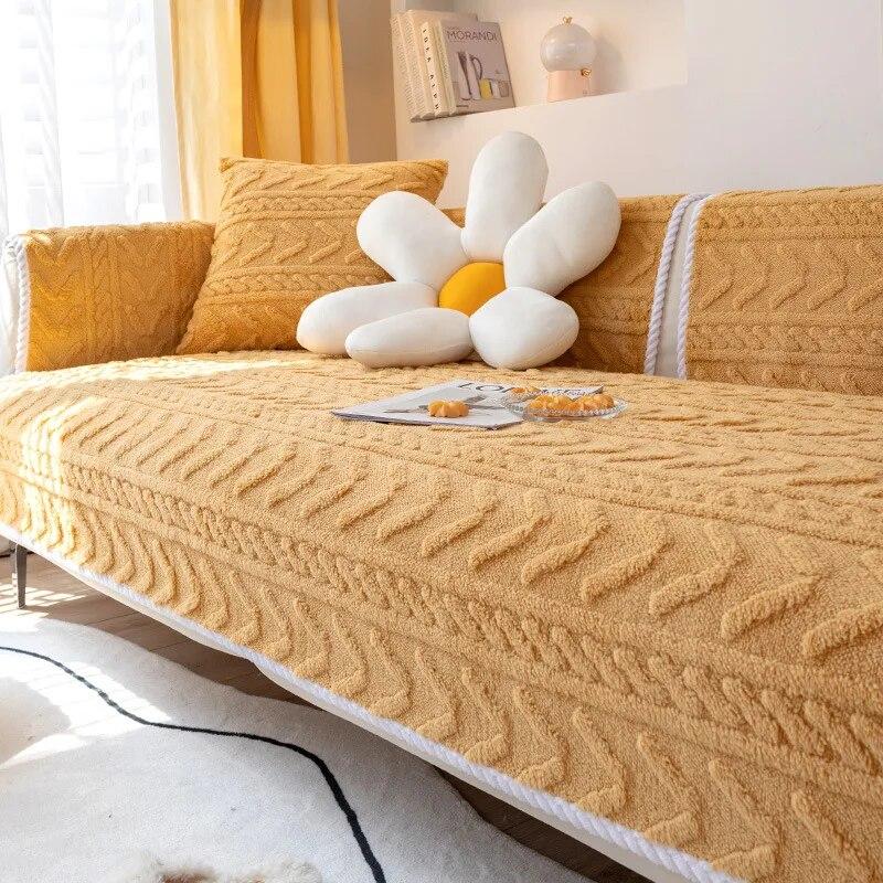 Winter Modern Solid Color Leather Sofa Towel Thicken Plush Armchair Corner Sofa Covers for Living Room Anti-slip Couch Cover