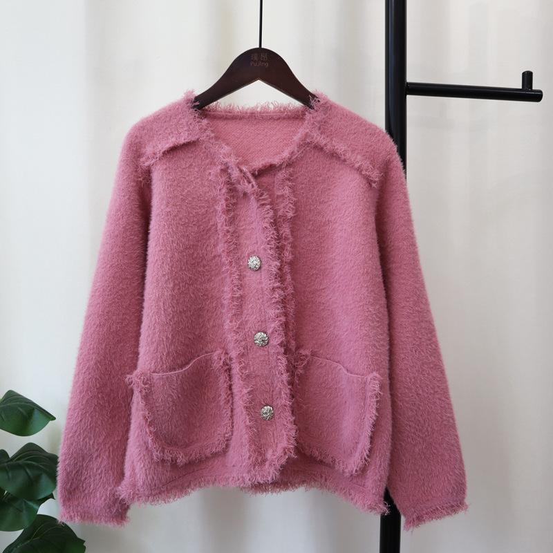 Imitation Nerz Samt Strickjacke Herbst und Winter Neu Grobe Kante Fransen Temperament Locker Pullover Jacke Damen
