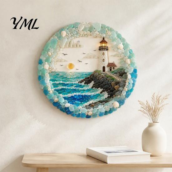 Housewarming Gift for Beach House Lighthouse Sea Glass Art Wall Ornament, Hand Assembled Shells And Tumbled Decorative Ornament Decor, Style