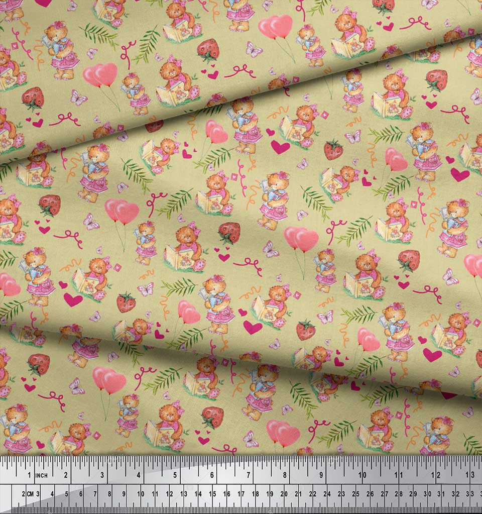 Soimoi Beige Japan Crepe Satin Fabric Balloon & Teddy Bear Kids Print Fabric by Metre 42 Inch