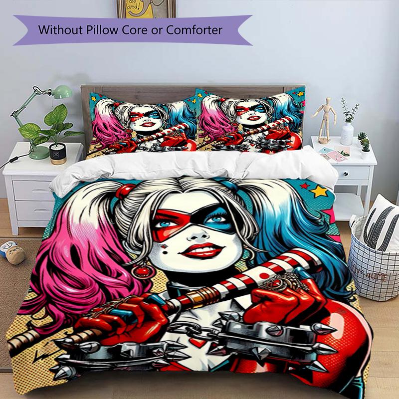 3pcs Duvet Cover Set (1*Duvet Cover + 2*Pillowcase, Without Core), Harley Quinn Joker Print Bedding Set, Bedroom Decor, All‑Season, Birthday Gift
