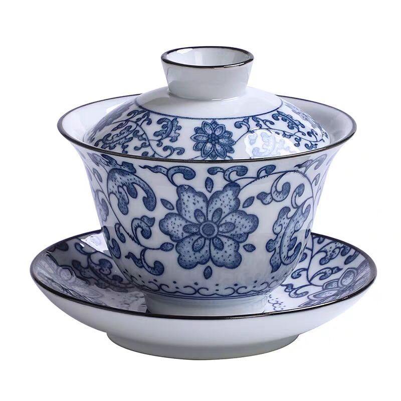Blue And White Porcelain Sancai Cover Bowl Dehua Ceramics Retro Home Office Single Tea Bowl Teacup Kung Fu Tea Set