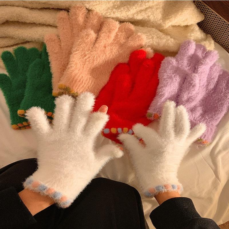 Cute Open Finger Touch Screen Plush Five Finger Gloves For Women In Winter, Warm And Thick Velvet For Cycling Students