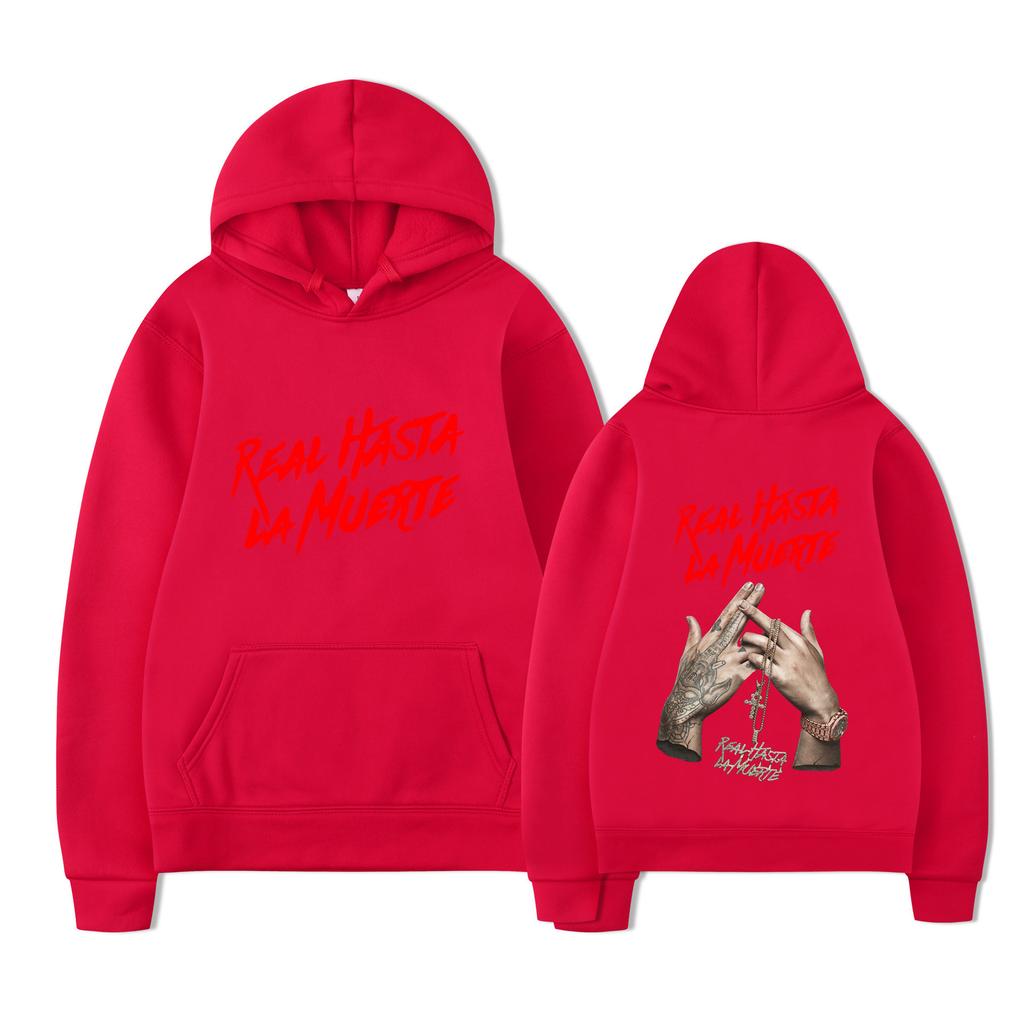 Anuel AA Hoodie Unisex Double Sided Fleece Sweatshirt, Real Hasta La Muerte Red Script & Tattooed Hands Rosary Print, Latin Trap Hip Hop Streetwear