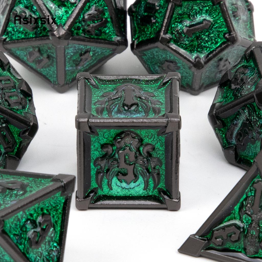 7 Pcs Black Green Skull Metal Dice Solid Metal Polyhedral Dice Set Suitable for Role-Playing RPG Board Game Card Game