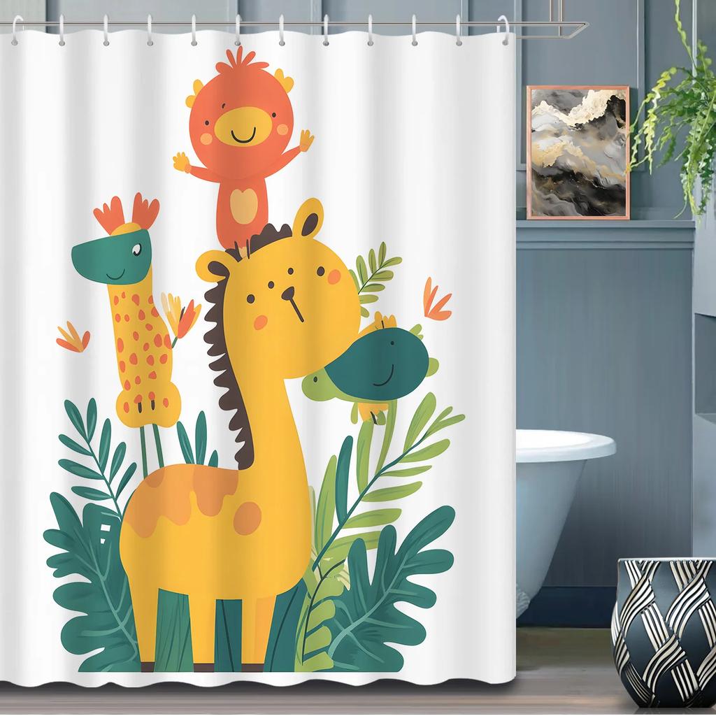 1Pc Cartoon Animal Forest Shower Curtain Partition Curtain, Cute Giraffe Monkey And Green Leaf Curtain, 12 Hooks Shower
