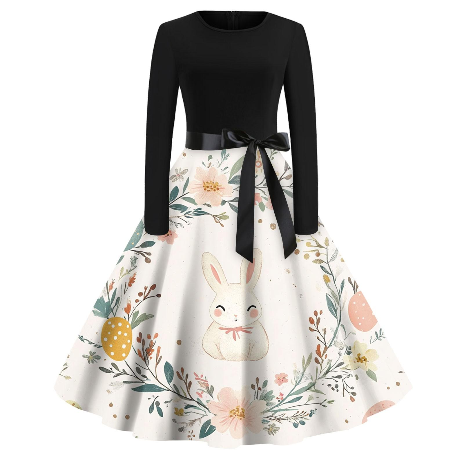 

Женские платья модные повседневные облегающие платья с круглым вырезом и принтом на Пасху с длинным рукавом S бежевый