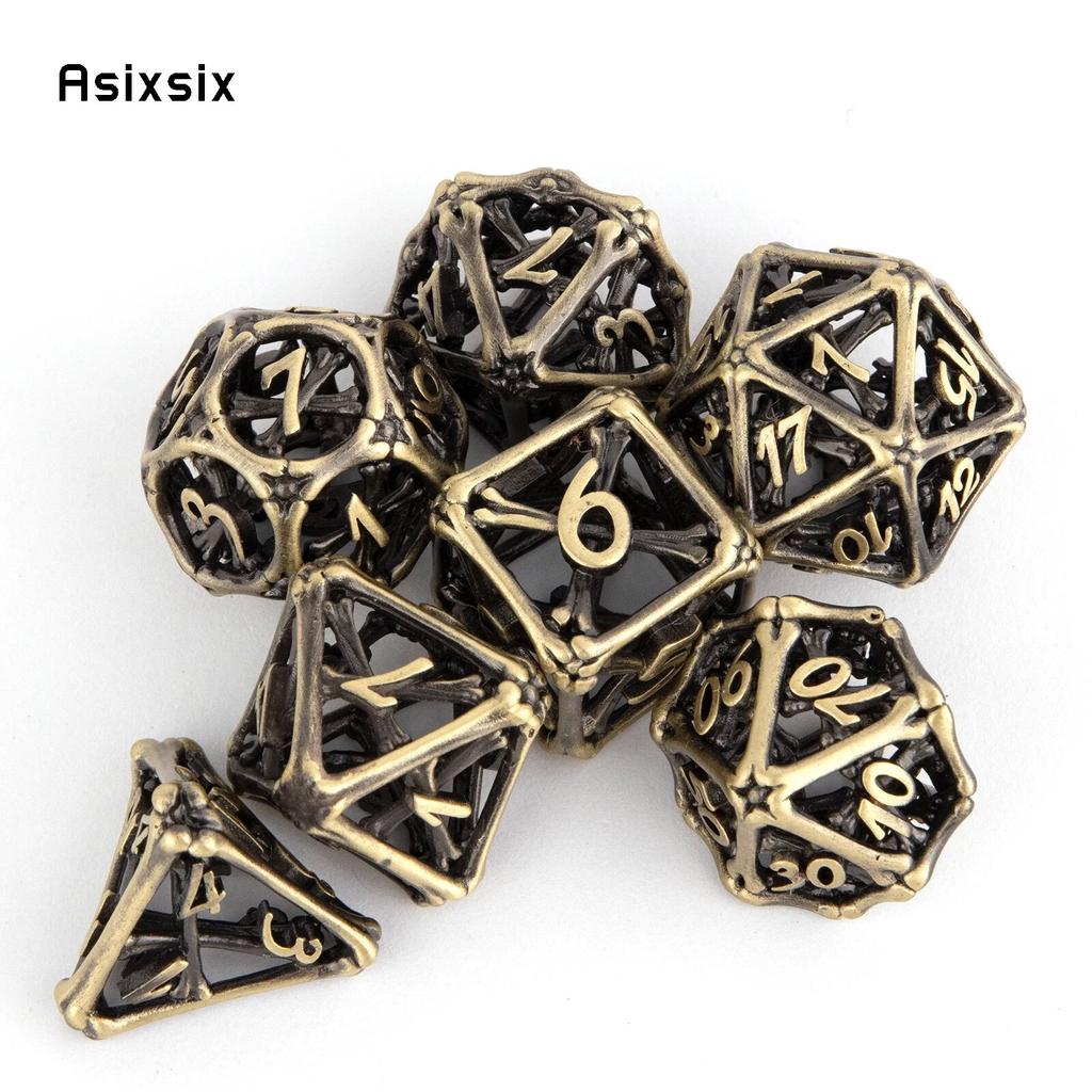 7 Pcs Yellow Bone Metal Dice Hollow Metal Polyhedral Dice Set Suitable for Role-Playing RPG  Board Game Card Game