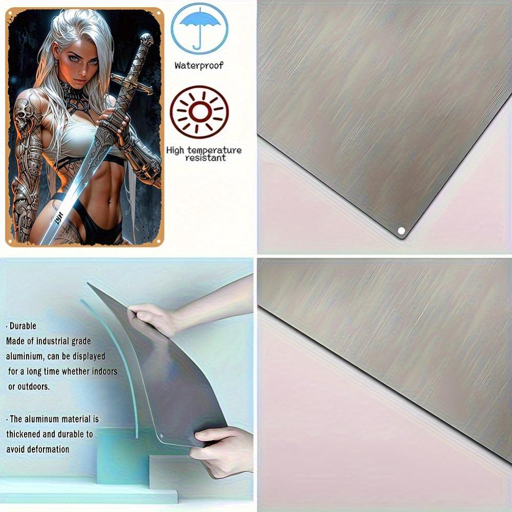 2D Flat, 1pc Vintage Woman with Sword Metal Tin Sign - 8x12 Inch Iron Wall Art, Fantasy Armor & Weapon Design