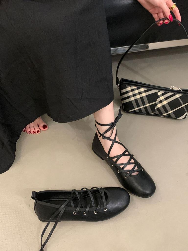 2025 spring new women's shoes lace-up gentle ballet style flats casual flat heels soft small leather shoes women