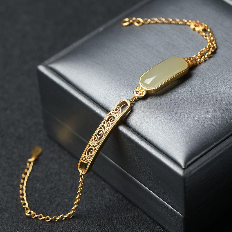 Natural Hetian Jasper Jade Ancient Gold Crafts Ruyi Bracelet For Women Chinese Style Classic Charm Bangles Banquet Jewelry
