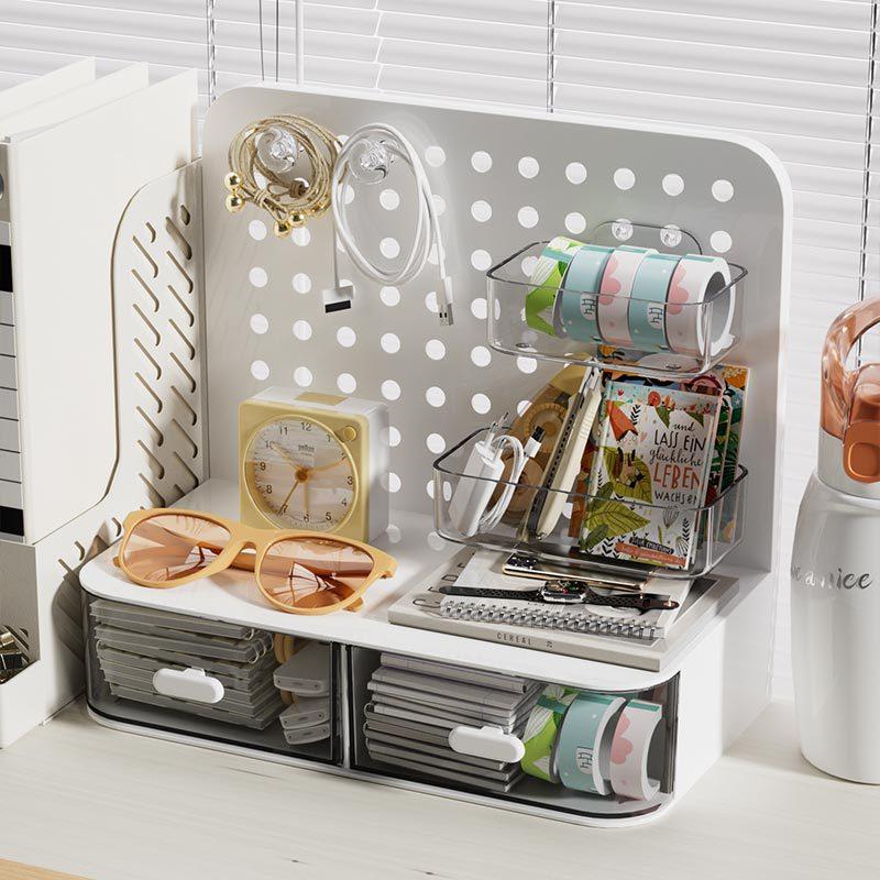 Desktop Perforated Board Storage Box With Drawer Stationery Organizer Sorting Rack Dormitory Office Pen Holder Cosmetics Storage