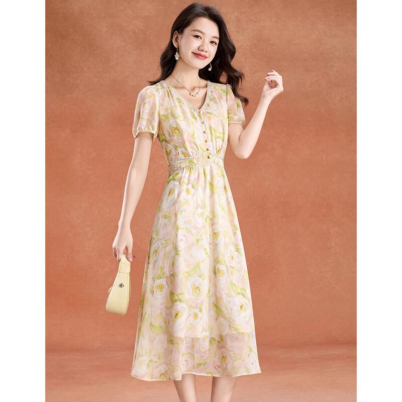 Elegant Champagne Floral Puff Sleeve A-Line Summer Dress
