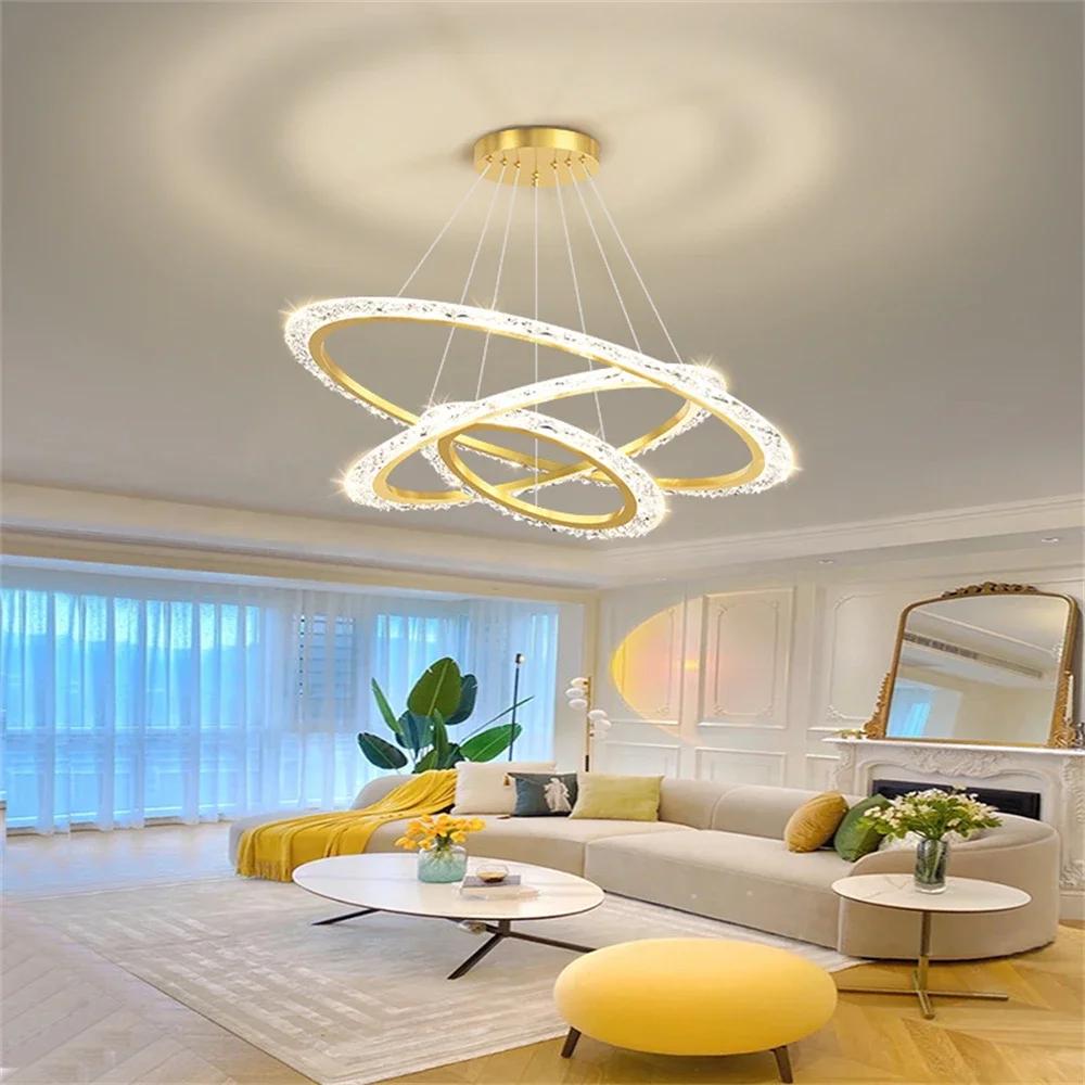 Lamp Gold Chandelier, Modern Chandelier For Dining Room Living Room ,Luxury Acrylic Ring Chandelier Light Fixture Adjustable Han